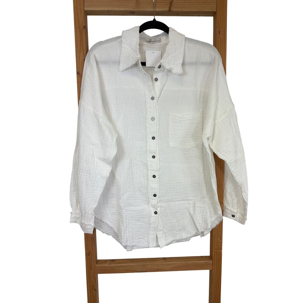 NWT Zenana White Long Sleeve Button Down Waffle Weave Blouse SZ SM